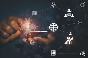 hand use mobile phone and circle network communication technology for global.data in the global comp