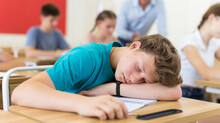 Tired Student Fell Asleep On Desk In The Class