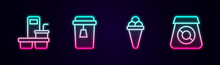 Set Line Coffee Cup To Go, Cup Tea, Ice Cream In Waffle And Online Ordering Food. Glowing Neon Icon. Vector