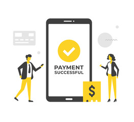 Poster - successful payment. mobile payment. flat vector illustration. people, mobile phone and check mark on