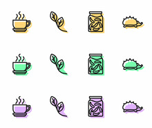 Set Line Pickled Cucumbers In A Jar, Coffee Cup, Leaf And Hedgehog Icon. Vector