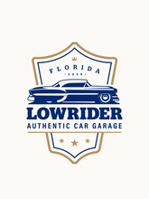 Lowrider Logo Template. Vintage Style Vector Illustration Element For Retro Design Label. Suitable For Garage, Shops, Tires, Car Wash, Car Restoration, Repair And Racing. Authentic Car Garage Logo