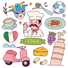 Italy Travel Destination Doodle Set Vector Illustration