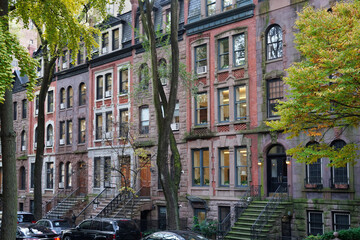 Wall Mural - New York residential street near Central Park, with old five story townhouses