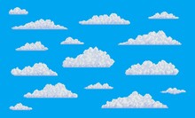 White Pixel Fluffy Bubble Clouds On Blue Sky. 8 Bit Art Game Vector Background Of Cloudy Heaven With Mine Craft Block Clouds, Pixelated Cloudscape Backdrop With Mosaic Texture, Arcade Videogame Ui