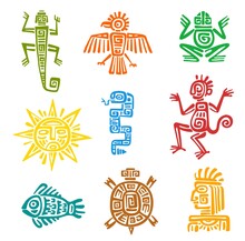 Mayan Aztec Totem With Isolated Vector Symbols Of Animals And Birds. Ancient Mexican Tribal Eagle, Snake, Turtle And Lizard, Aztec God, Pyramid, Sun And Monkey, Fish, Frog, Raven With Ethnic Pattern