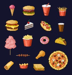 8 bit pixel art fast food and drinks vector icons of retro video game set. pixelated pizza, burger a