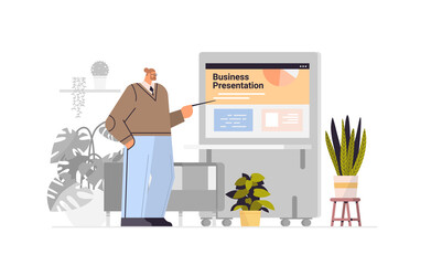 Poster - businessman making presentation in coworking center business man giving company growth report office interior