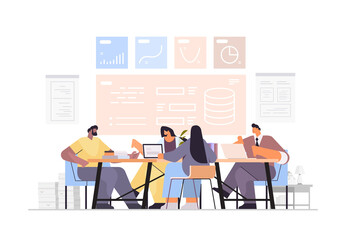 Poster - businesspeople analyzing financial data on charts and graphs during conference meeting planning report market analysis accounting