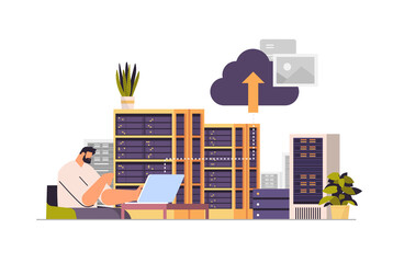 Poster - man working in data center technical room hosting server database concept horizontal portrait