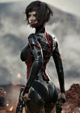 A Sci Fi Assassin Completing Her Task , Turning Her Attention To Her Next Target. 3d Rendering