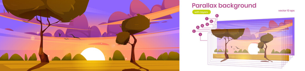 Wall Mural - parallax background cartoon dusk nature landscape, green field with grass and trees under sky with s