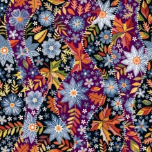 Seamless Patchwork Pattern Of Wavy Patches Sewn With White Stitches, Decorated With Embroidery. Embroidered Flowers And Maple Leaves Are Densely Set Against A Dark Purple And Black Background. Vector.
