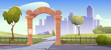 Summer Landscape With Stone Arch Entrance To Public Park, Metal Fence And City Buildings On Skyline. Vector Cartoon Illustration Of Town Garden With Archway Portal, Skyscrapers, Green Grass And Trees
