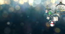 Snowman Inside Glass Ball In The Snowfall Night. Light Bokeh Background, For Winter, Christmas Banner. 3d Rendering.