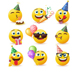 Wall Mural - Smileys birthday vector set. Smiley emojis in party celebrating characters with gift, cake, confetti and party hats celebration elements for birth day emoji in happy faces. Vector illustration.
