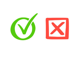 Aufkleber - Green check and red cross mark. Hand drawn doodle sketch style. Vote, yes, no drawn concept. Checkbox, cross mark with square, circle element. Vector illustration.