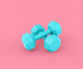 Poster - Blue dumbbells on a pink background. Minimalistic design object. 3d rendering.