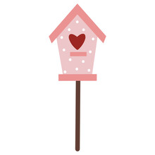Cute Cartoon Birdhouse On A Pole Vector Icon. Hand Drawn Spring Easter Clipart Isolated On White Background. Pink Nest Box With Polka Dots, Heart-shaped Entrance. Flat Concept For Valentine's Day.