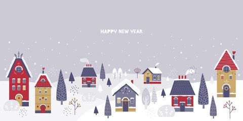 Wall Mural - Cozy snowy town on the background of a winter landscape. Cute christmas houses, falling snow, snowdrifts, winter forest. Happy New Year and Merry Christmas. Horizontal banner in Scandinavian style.