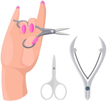 Various Manicure Accessories And Tools. Hand Care Products, Supplies. Manicure Master Equipment, Scissors And Nail Clippers Vector Illustration. Manicurist Supplies For Working With Nails And Cuticles