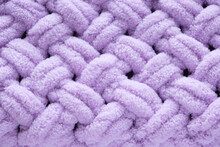 Background Knitted Blanket, Handmade, Close Up Of Lilac Color.