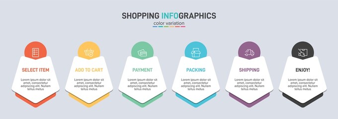 Concept of shopping process with 6 successive steps. Six colorful graphic elements. Timeline design for brochure, presentation, web site. Infographic design layout.