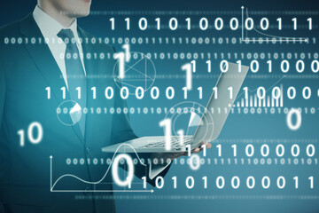 Poster - Portrait of attractive european businessman holding laptop with abstract glowing interface with binary code and business chart. Information, technology and data concept. Double exposure.