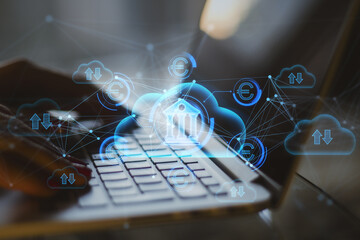 Poster - Close up of hand using laptop with abstract glowing cloud computing and online banking hologram with various icons on blurry background. Database, finance, technology and future concept. 