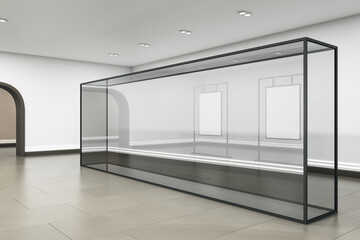Aufkleber - Modern exhibition hall interior with arch entrance and empty glass showcase with mock up place. Art and gallery concept. 3D Rendering.