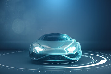 Aufkleber - Creative wireframe sports car on blue background with mock up place on wall. Racing and design concept. 3D Rendering.