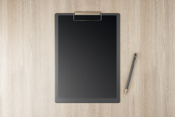 Poster - Top view and close up of empty black clipboards on wooden background, Stationery and mock up supplies concept. 3D Rendering.
