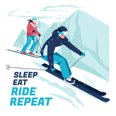 A poster with skiers and a mountain winter landscape. Extreme sports. Active lifestyle. Flat vector illustration.