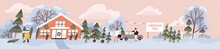 Christmas Tree Farm Panorama. Xmas Firs Fair In Farmhouse. People Buying Fresh Organic Firtrees At Local Market On Winter Holidays. New Year Sale Outdoors, Panoramic View. Flat Vector Illustration