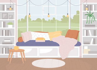 Poster - Cozy living room flat color vector illustration. Comfortable sofa between book shelves. Pillows and blankets for comfy seating. Nordic style 2D cartoon interior with furnishing on background