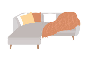 Poster - Comfortable grey couch semi flat color vector item. Realistic object on white. Scandinavian interior decoration isolated modern cartoon style illustration for graphic design and animation