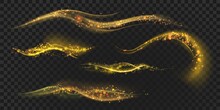 Golden Magic Light Waves With Star Dust, Glitter And Sparkles. Gold Shining Comet Trail With Particles. Christmas Glowing Effect Vector Set
