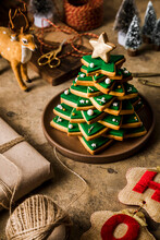 Christmas Cookie Tree In Plate On Brown Table