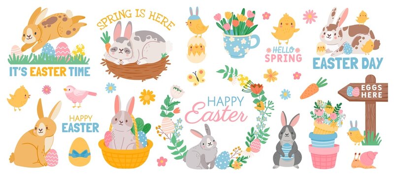 Spring easter cute animal characters and garden elements. Cartoon easter bunny with eggs in basket, flowers, chickens and birds vector set