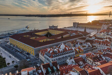 Portugal, Lisbon, Drone View Of Alfama District At Sunset