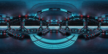 HDRI Panoramic View Of Dark Blue Spaceship Interior With Windows. High Resolution 360 Degrees Panorama Reflection Mapping Of A Futuristic Spacecraft 3D Rendering