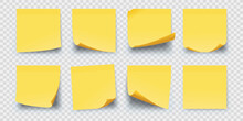 Realistic Square Yellow Paper Sticky Memo Notes. Office Reminder Sticker Pages With Curled Corners. Wall Notepad For Scribbles Vector Set