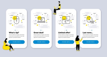 Poster - Vector Set of Science icons related to Medical help, Puzzle and Swipe up icons. UI phone app screens with people. Quick tips line symbols. Medicine laptop, Engineering strategy, Scrolling page. Vector