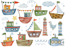 Cute Watercolor Set Of Illustrations On The Marine Theme, Ships, Seagull, Submarine, Lighthouses.