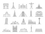 Fototapeta Big Ben - World landmarks line icons, big ben, eiffel tower and pyramids. Europe famous monuments, italy, france and england travel places vector set