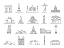 World Landmarks Line Icons, Big Ben, Eiffel Tower And Pyramids. Europe Famous Monuments, Italy, France And England Travel Places Vector Set