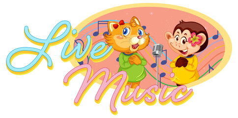 Wall Mural - Live Music logo with monkey and cat singing