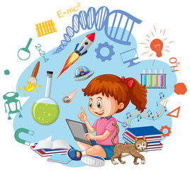 Wall Mural - young girl using tablet with education icons