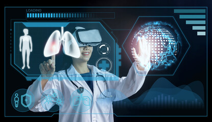 Digital medical health futuristic and global metaverse technology, doctor wearing best VR headset equipment to check internal organs patient on screen, future innovation concept