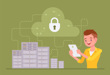 Data center server, cloud security, man maintaining computer database system. Information storage, server technical management, software, network infrastructure. Vector flat style cartoon illustration